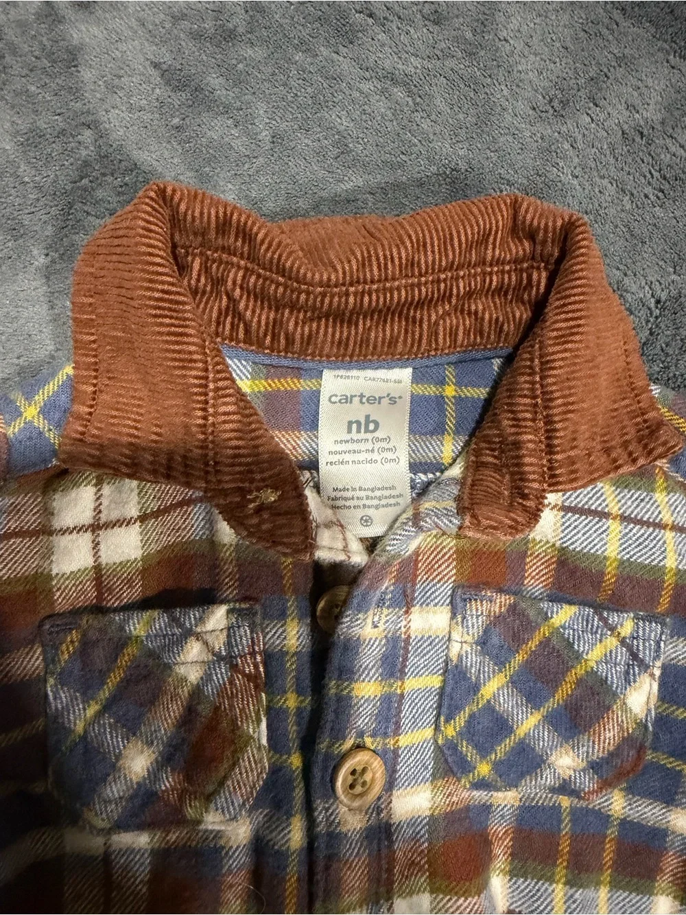 Newborn - Carter's Blue, Brown & Cream Plaid Flannel One-Piece Bodysuit